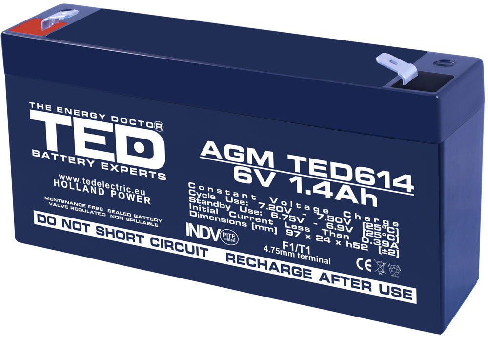 Acumulator AGM VRLA 6V 1.4Ah plumb acid 97x24x52 mm F1 terminal TED Battery Expert Holland