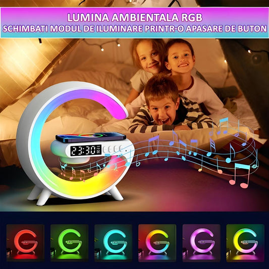 Lampa G RGB cu ceas cu alarma, lumina si sunet, difuzor Bluetooth si incarcator rapid wireless - eVoltaSmart