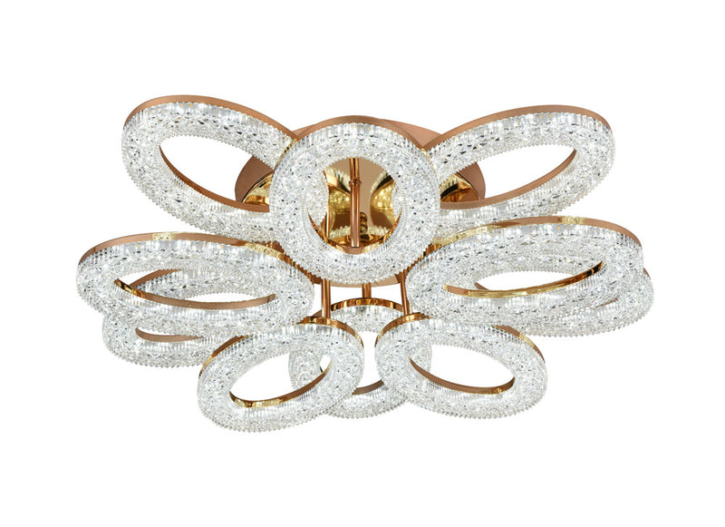 Lustră LED Lucce 120W aprinsă living spațios - atmosferă caldă dimabilă elegantă