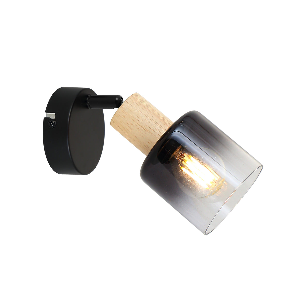 Aplică perete SERENE AP1 Klausen lemn natur și metal negru cu sticlă fumurie, iluminat interior modern E14
