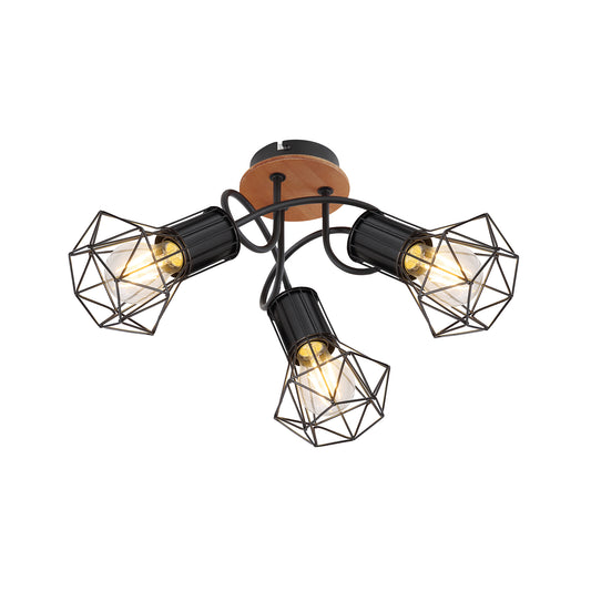 Plafoniera Klausen SKULL PL3 KL163017 metal negru lemn maro 3xE27 design industrial modern iluminat interior
