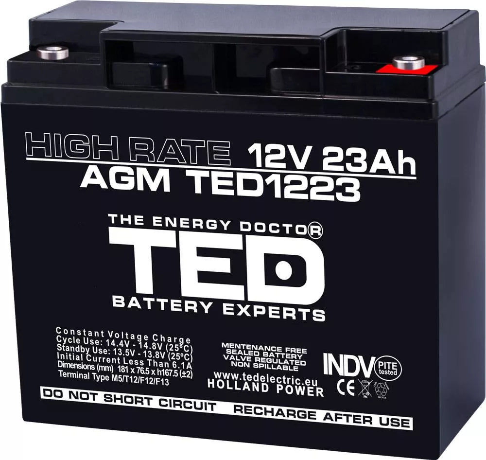 Acumulator 12V 23A AGM VRLA High Rate 181x76x167mm F3 TED Battery Expert Holland