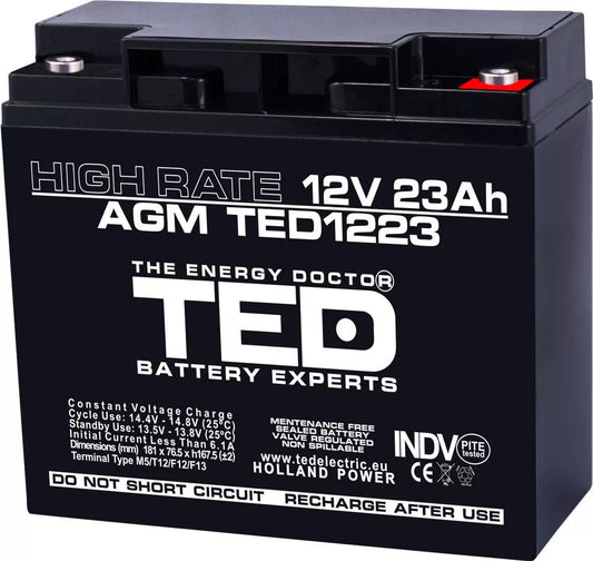 Acumulator 12V 23A AGM VRLA High Rate 181x76x167mm F3 TED Battery Expert Holland