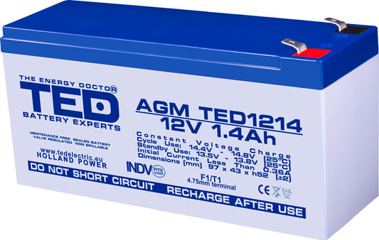 Acumulator AGM VRLA 12V 1.4Ah plumb acid 97x47x50 mm F1 terminal TED Battery Expert Holland