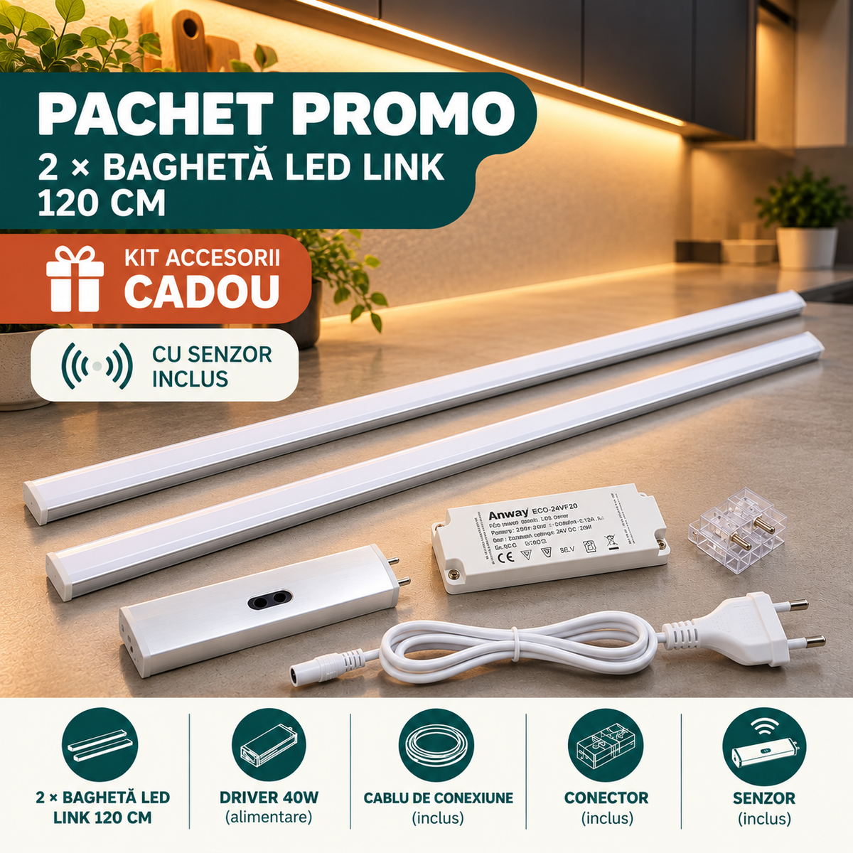 PACHET PROMO: 2x Bagheta LED Link + KIT Accesorii CADOU (Senzor inclus)