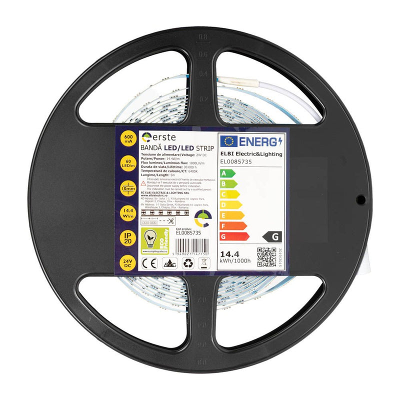 Banda LED 24V 5X60LED 14.4W/M 6400K IP20 5m, Erste - eVoltaSmart