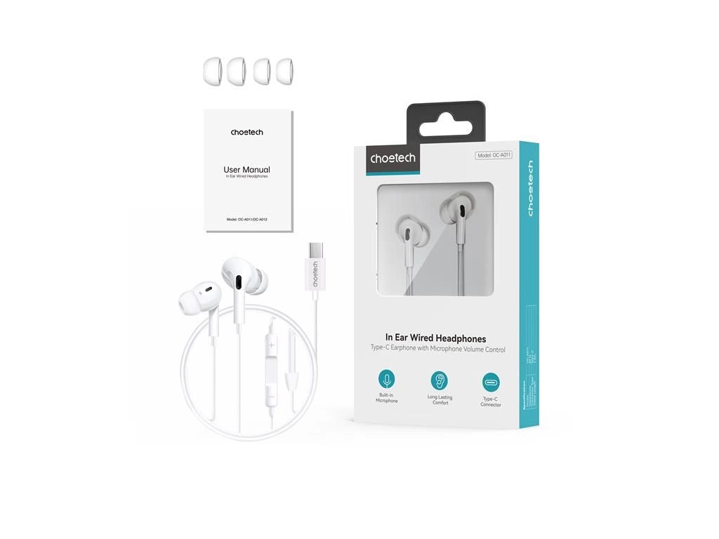 Casti In-Ear cu fir Choetech OC-A011-WH USB-C microfon reglare volum silicon alb