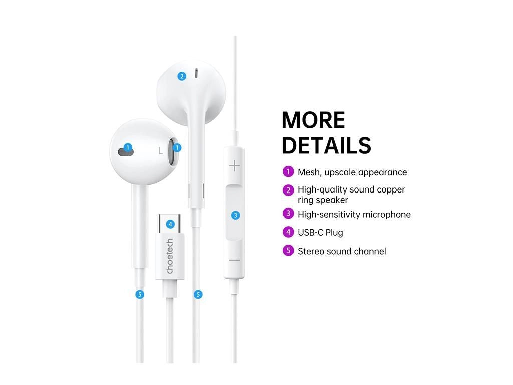 Casti In-Ear cu fir Choetech OC-A012-WH USB-C microfon reglare volum alb EARPHONE-OCA012-CHO