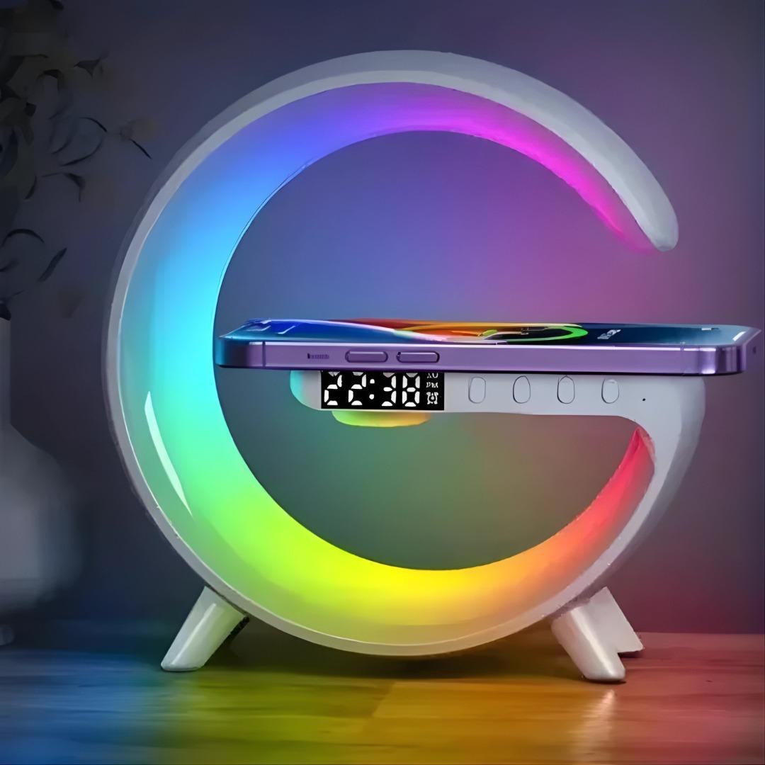 Lampa G RGB cu ceas cu alarma, lumina si sunet, difuzor Bluetooth si incarcator rapid wireless - eVoltaSmart