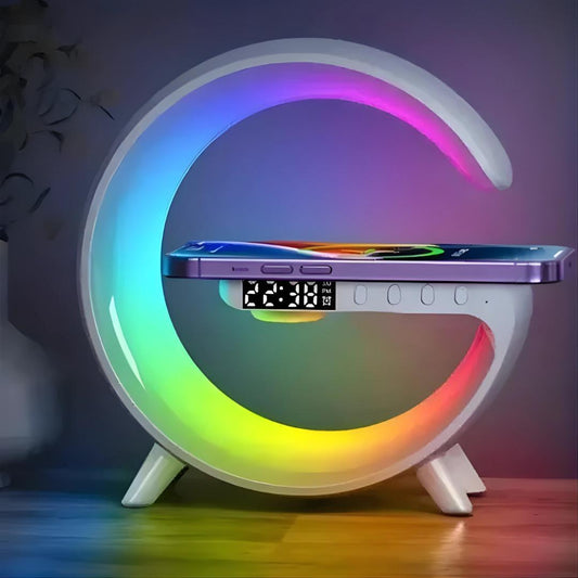 Lampa G RGB cu ceas cu alarma, lumina si sunet, difuzor Bluetooth si incarcator rapid wireless - eVoltaSmart