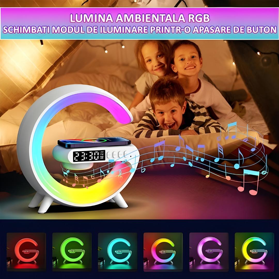 Lampa G RGB cu ceas cu alarma, lumina si sunet, difuzor Bluetooth si incarcator rapid wireless - eVoltaSmart