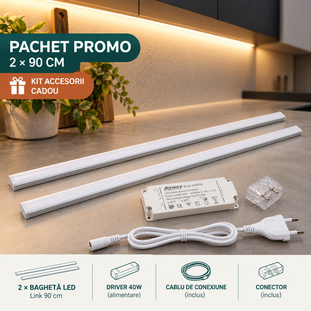 PACHET PROMO: 2x Bagheta LED Link 90cm + KIT Accesorii CADOU