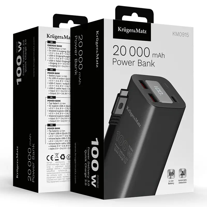 Power Bank 20000mAh 100W QC3.0 PD3.0 USB-C /USB-A Afisaj LCD Kruger&Matz KM0915