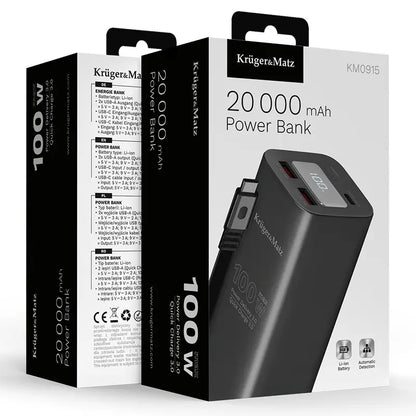 Power Bank 20000mAh 100W QC3.0 PD3.0 USB-C /USB-A Afisaj LCD Kruger&Matz KM0915