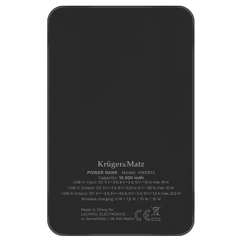 Power Bank inductie Kruger&Matz KM0912 10000mAh Li-ion Mag Safe wireless 15W / USB-C 20W /USB-A 25W