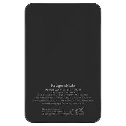 Power Bank inductie Kruger&Matz KM0912 10000mAh Li-ion Mag Safe wireless 15W / USB-C 20W /USB-A 25W