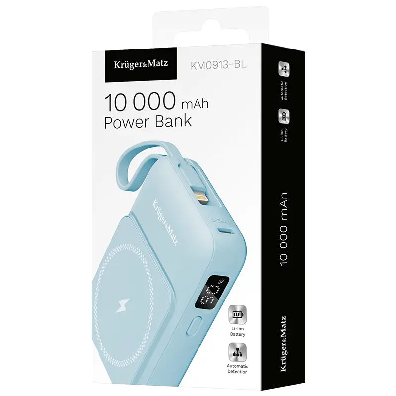 Power Bank inductie Kruger&Matz KM0913-BL 10000mAh Li-ion Mag Safe wireless 15W / USB-C 20W /USB-A 22.5W / Lightning 10W