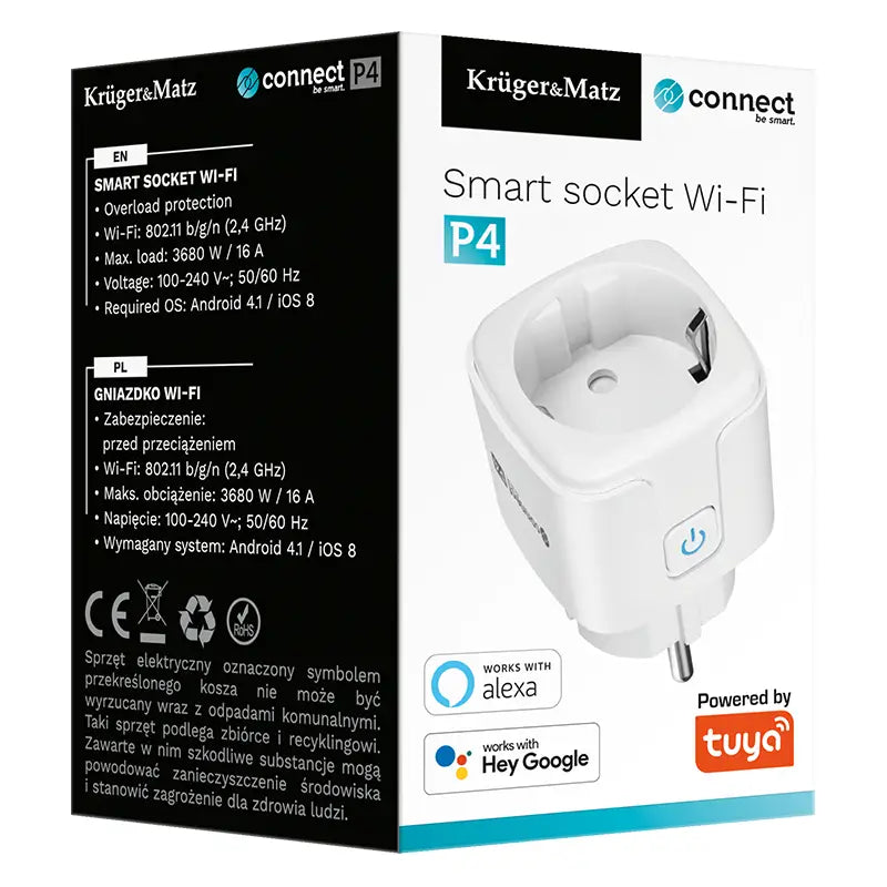 Priza Kruger&Matz KM2202-W SMART WI-FI CONNECT P4 TUYA 3680W 16A Monitorizeaza consum energie