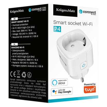 Priza Kruger&Matz KM2202-W SMART WI-FI CONNECT P4 TUYA 3680W 16A Monitorizeaza consum energie