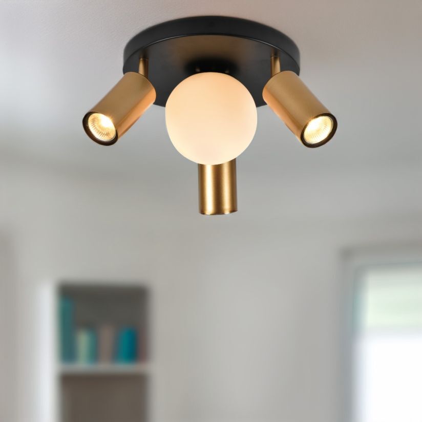 Corp iluminat tavan Spoty PL4 Klausen alama negru sticla 3xGU10 1xE14 living dining hol contemporan
