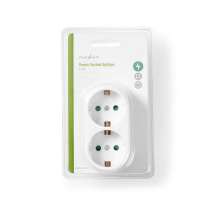Stecher dublu 2x Schuko 16A 3500W protectie contacte alb Nedis