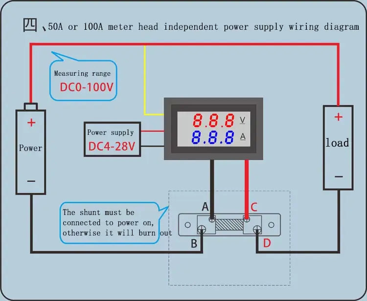 Voltmetru si Ampermetru 0-50A rosu DC 4-30V VOLT/AMP 50A